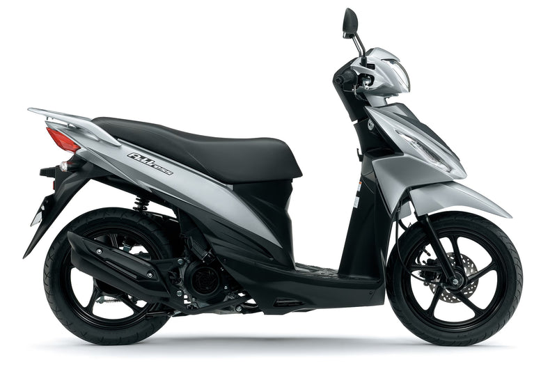 Load image into Gallery viewer, A silver and black 2026 Suzuki UK110 scooter shown from a side profile view against a plain white background.