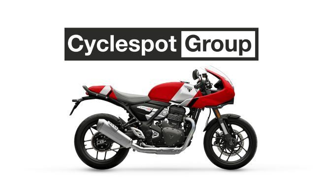 Load image into Gallery viewer, Red and silver 2026 Triumph Thruxton 400 cafe racer motorcycle with 'Cyclespot Group' logo above on a white background