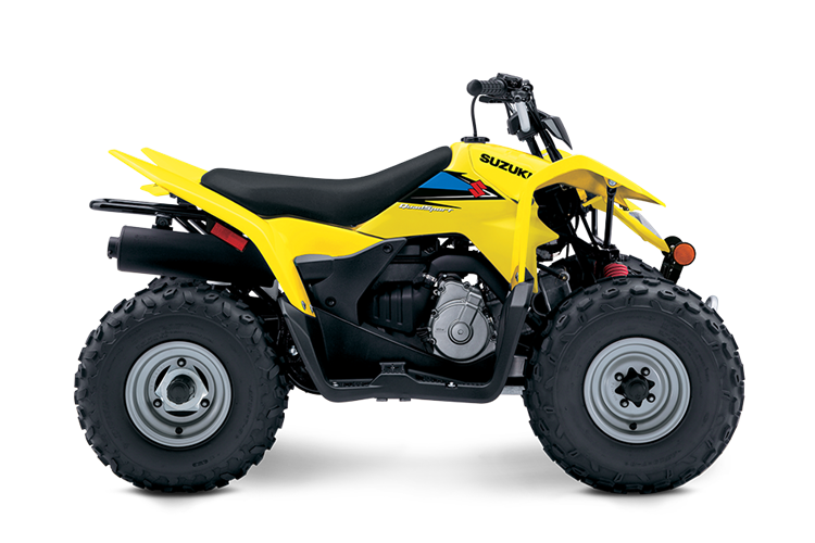Load image into Gallery viewer, A yellow and black 2025 Suzuki LT-Z90 QuadSport 90 quad bike with knobby tires, shown from a side profile view against a white background.