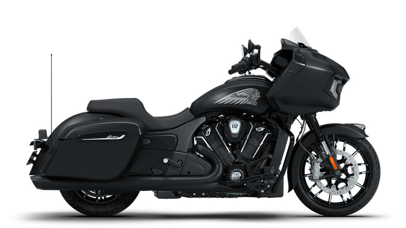 Load image into Gallery viewer, A black 2026 Indian Challenger Dark Horse motorcycle with saddlebags, a large windscreen, and an exposed V-twin engine, shown in profile against a white background.