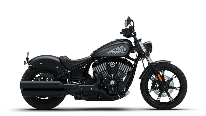 Load image into Gallery viewer, A black 2026 Indian Chief Dark Horse cruiser motorcycle with chrome accents, shown in a side profile on a clean white background.