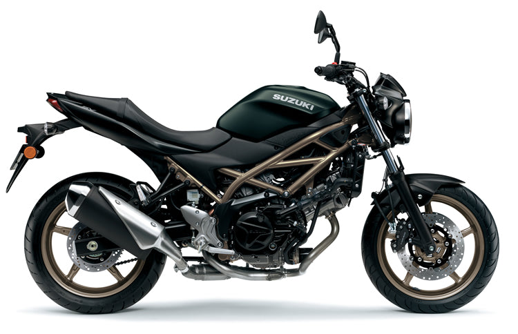 Load image into Gallery viewer, A green and black 2025 Suzuki SV 650 A motorcycle with a treble-cradle frame and bronze-colored wheels, shown in a side profile on a white background.