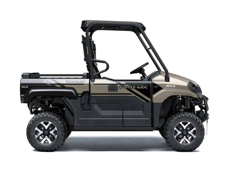 Load image into Gallery viewer, A side profile view of a Kawasaki Pro-MX 4x4 utility side-by-side vehicle in a black and tan color scheme, set against a plain white background.