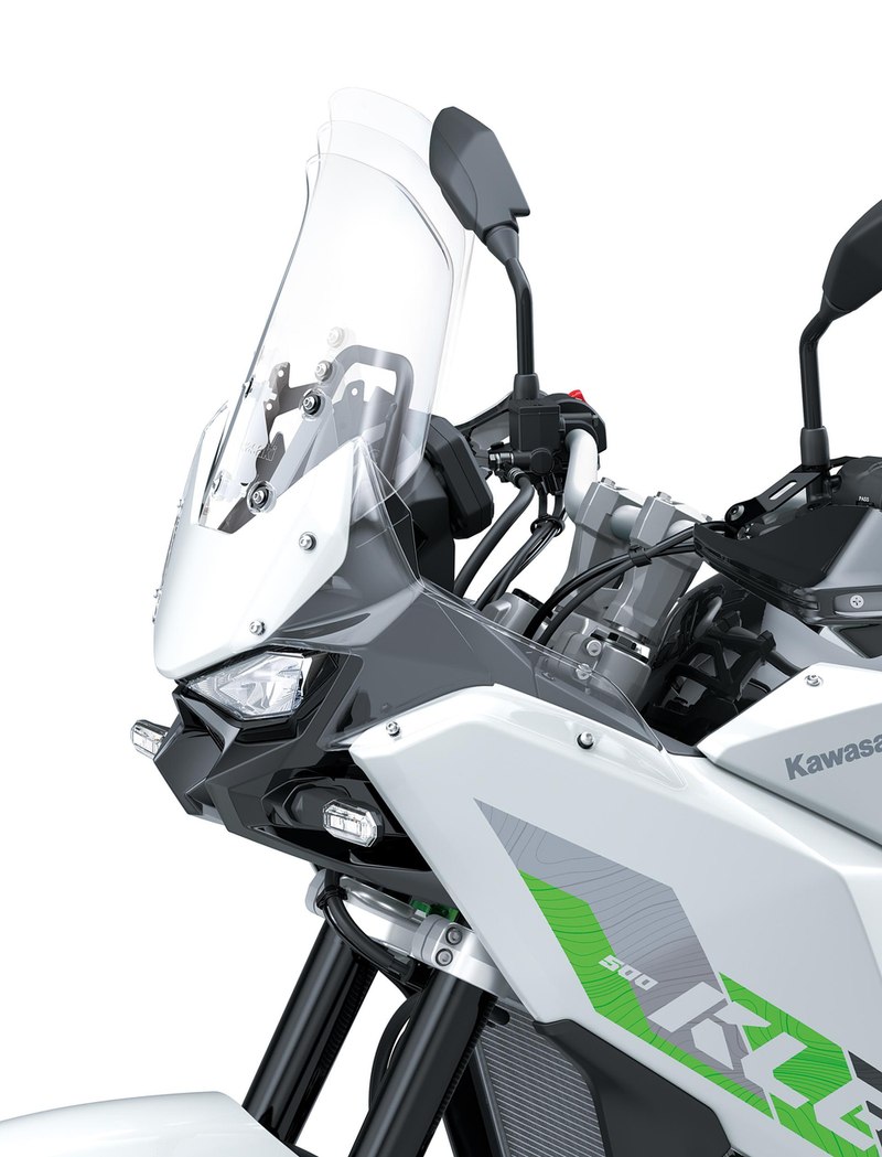 Load image into Gallery viewer, Close-up of a 2026 Kawasaki KLE500 SE (LAMS)motorcycle with a clear adjustable windshield and green accents on a white background