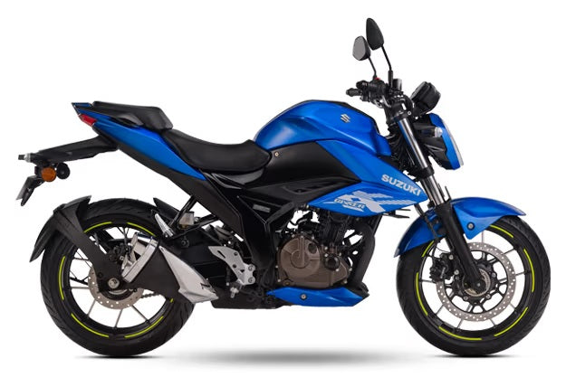 Load image into Gallery viewer, A blue and black 2025 Suzuki GSX 250 LAMS motorcycle shown from a side profile view against a plain white background.