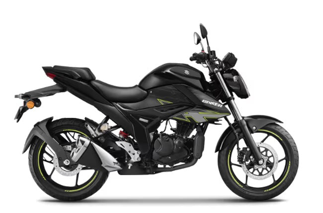 Load image into Gallery viewer, A black 2025 Suzuki GSX150 LAMS motorcycle with lime green accents, shown from a side profile view against a plain white background.