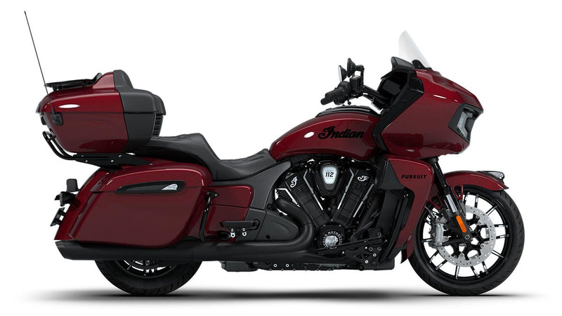 Load image into Gallery viewer, A side profile view of a red and black 2026 Indian Pursuit Dark Horse motorcycle on a clean white background.