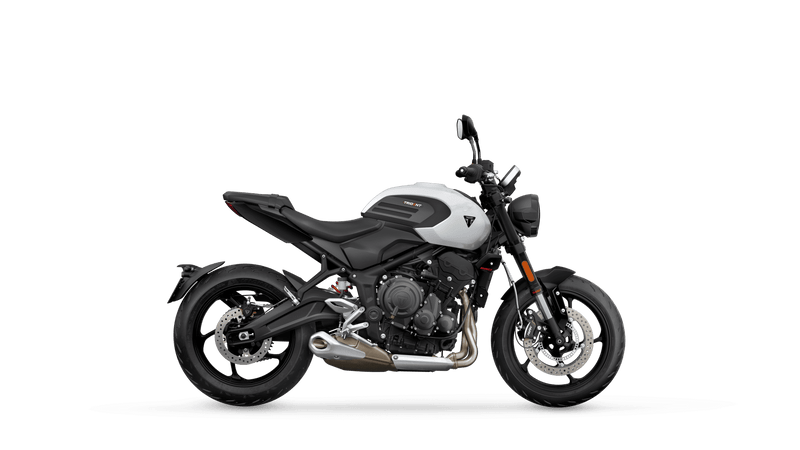 Load image into Gallery viewer, A side profile view of a 2026 Triumph Trident 660 LAMS - Snowdonia White motorcycle on a solid white background. The motorcycle features a silver and black color scheme with chrome accents.