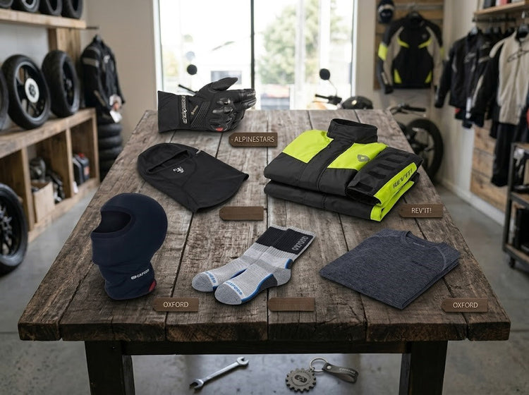 Motorcycle winter riding gear including an Alpinestars glove, Rev'it rain suit, and Oxford thermal layers, balaclava, and socks arranged on a rustic wooden table in a motorcycle shop.