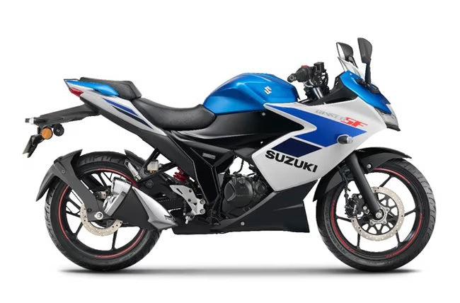 Load image into Gallery viewer, 2025 Suzuki GSX150F LAMS Faired sport motorcycle in blue, white, and black, shown from a side profile view against a plain white background.
