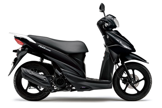 A black 2026 Suzuki UK110 scooter shown from a side profile view against a clean white background.