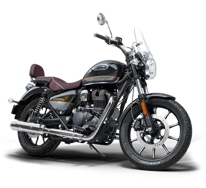 Load image into Gallery viewer, A Royal Enfield Classic cruiser motorcycle in black and dark gray with brown leather seat and gold pinstripes, photographed on a white studio background.
