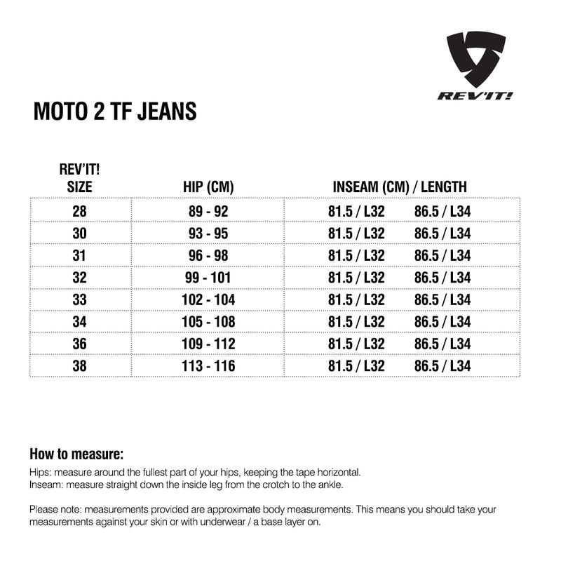 Load image into Gallery viewer, Size chart for REVIT Moto 2 TF Jeans - Mens

