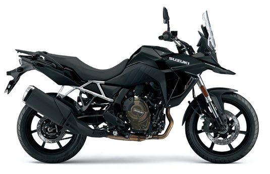 A black 2024 Suzuki V-Strom 800 RQ sideview on a transparent background