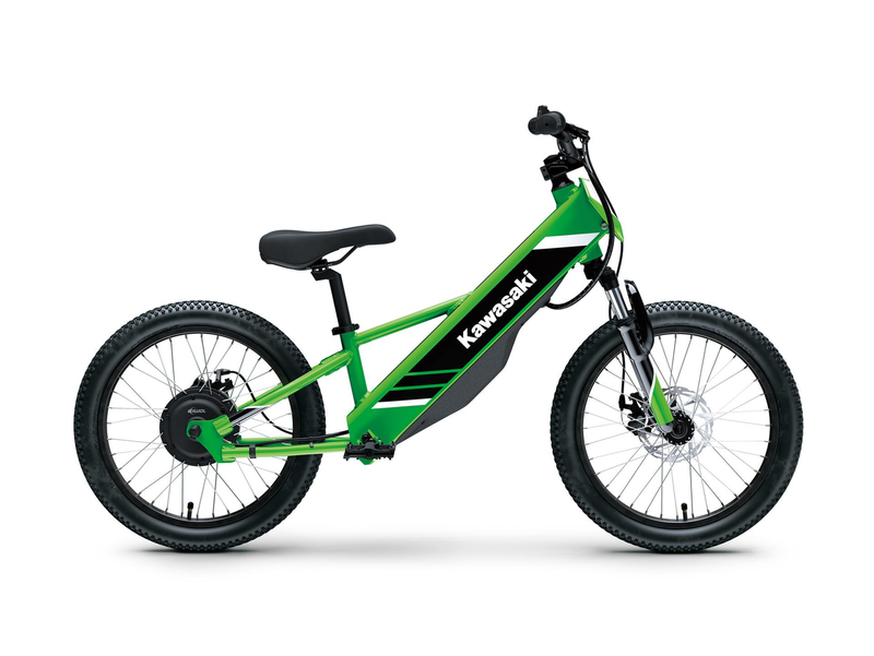 Load image into Gallery viewer, Green and black Kawasaki kids electric bike on a white background
