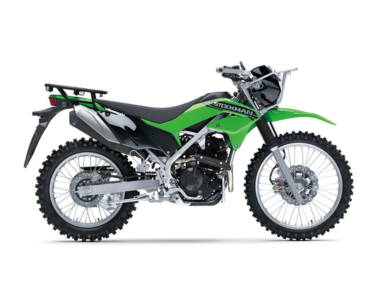 A green and black Kawasaki Stockman dirt bike with silver metal components, photographed from a side profile against a solid white background.
