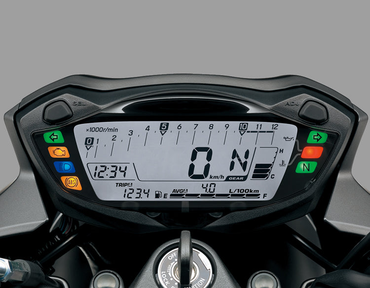 Load image into Gallery viewer, Close-up of a motorcycle digital instrument cluster display on a dark dashboard, showing speed, time, battery, and indicator lights.
