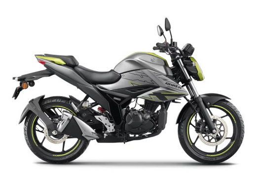 A 2025 Suzuki GSX 150 LAMS motorcycle in Grey and Green, shown from a side profile view against a plain white background.