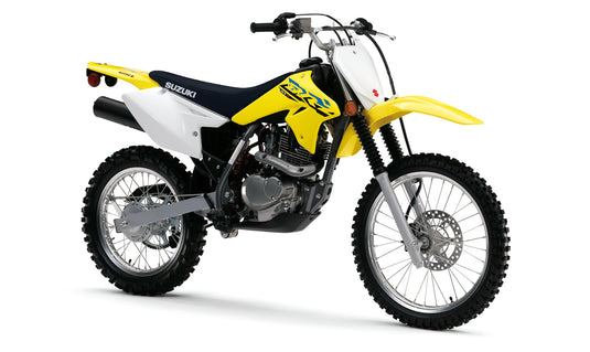 A 2026 Suzuki DR-Z 125 L Big Wheel with a yellow, white, and black color scheme, shown from a three-quarters front angle on a white background.