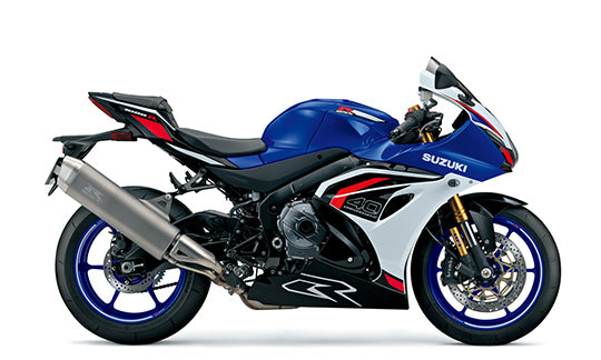 Load image into Gallery viewer, A 2027 Suzuki GSX-R 1000 R supersport motorcycle in blue, white, and red livery, shown from a side profile view against a plain white background.
