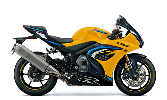 A 2027 Suzuki GSX-R 1000 R sport motorcycle in bright yellow with black and blue graphics, shown from a side profile view against a plain white background.