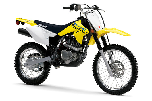 A 2023 Suzuki DR-Z125 Small Wheel bike with a yellow and white color scheme, black seat, and silver engine components, photographed on a clean white background.